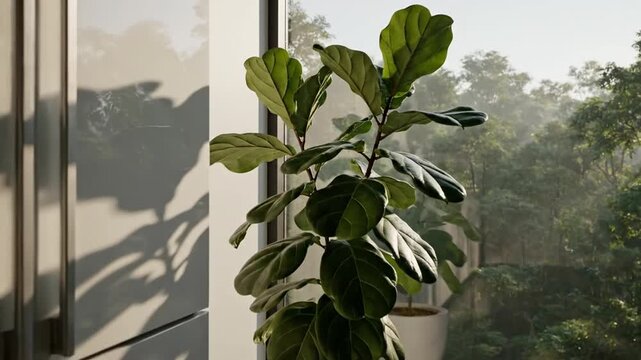 Minimalist modern kitchen with white refrigerator and fiddle leaf fig plant next to large window overlooking green forest