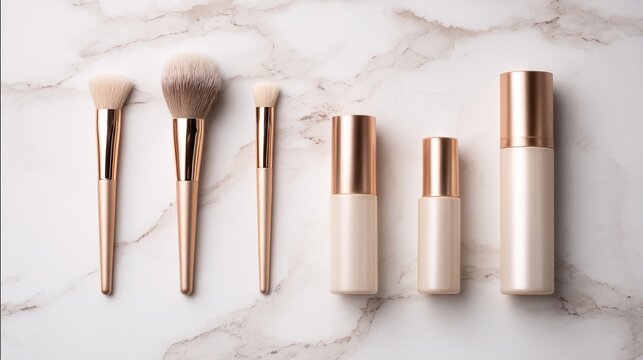 applicators. A minimalist arrangement of makeup brushes and bottles on a sleek marble surface. lifestyle magazines, social media lookbooks, designed for lifestyle magazines and social media content.