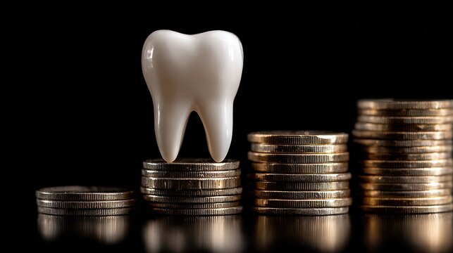 Bright white molar replica rests atop incrementally growing stacks of metallic currency against a dark background