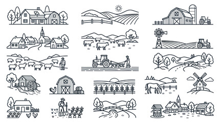 Rural farming life icons with barns tractors and livestock scenes © yati