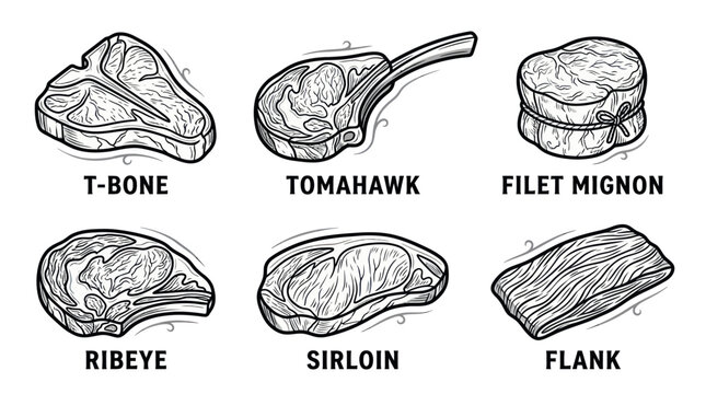 Meat cuts collection featuring t-bone tomahawk ribeye and sirloin
