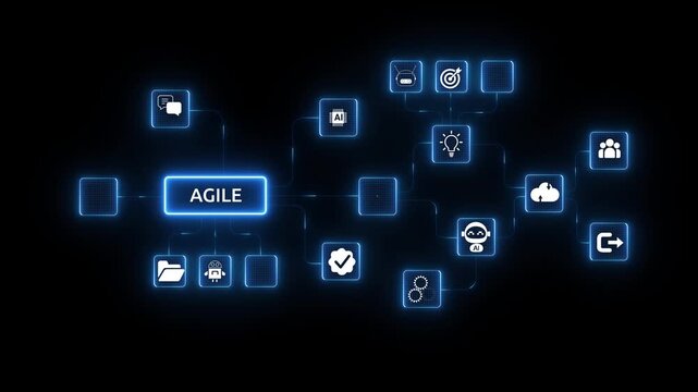 Agile development methodology concept on virtual screen. Technology concept. neon tool box with icons animated. on transparent background.