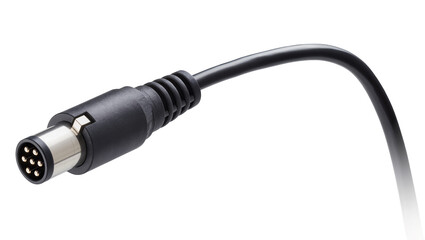 Naklejka premium Isolated black data audio video cable with a metallic silver six-pin DIN connector plug