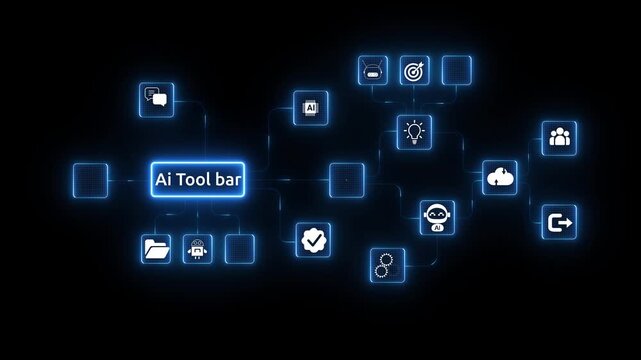 Ai toolbar development methodology concept on virtual screen. Technology concept. neon tool box with icons animated. on transparent background.