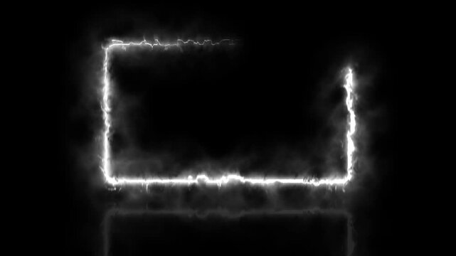 White Electric Energy Rectangle Frame Neon Sign Animation with Plasma Lightning Border on Dark Background
