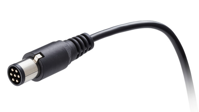 Isolated black data audio video cable with a metallic silver six-pin DIN connector plug
