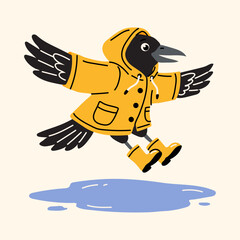 Obraz premium Cute Crow in Yellow Raincoat Illustration