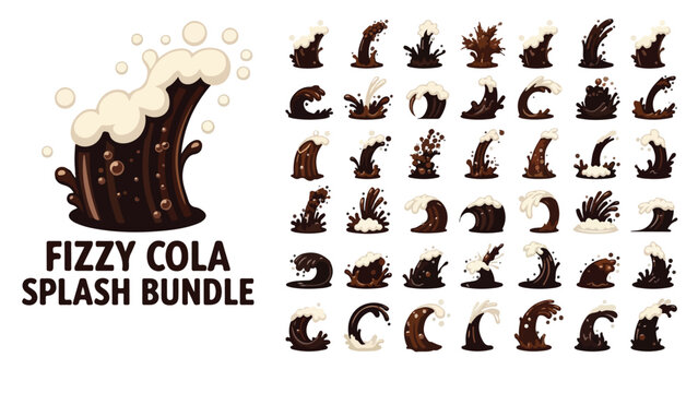 Fizzy cola splash bundle with 40 brown soda liquid elements, carbonated beverage foam and bubbles vector set, dark drink splashing icons