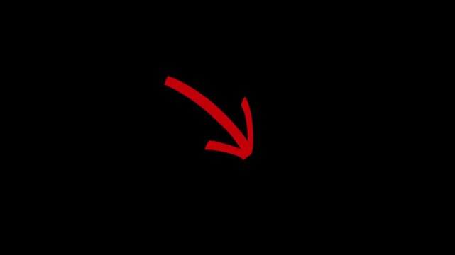 A vibrant, hand-drawn red arrow points diagonally downward against a clean white background. hand draw arrow animation.
