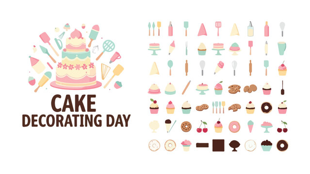 Cake decorating day vector icon set, pastel baking tools and pastry collection, sweet dessert and confectionery design elements for bakery branding