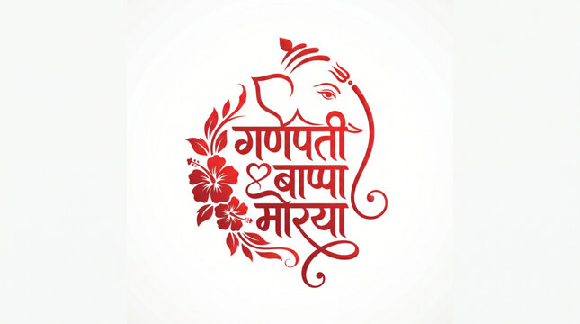 Elegant Ganpati Bappa Morya Hindi Typography with Floral Lord Ganesha Line Art on White Background