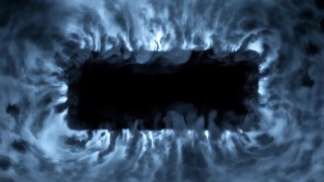 Slow motion tracking shot of swirling smoke vortex forming rectangular void against dark studio backdrop with blue monochrome lighting abstract digital set