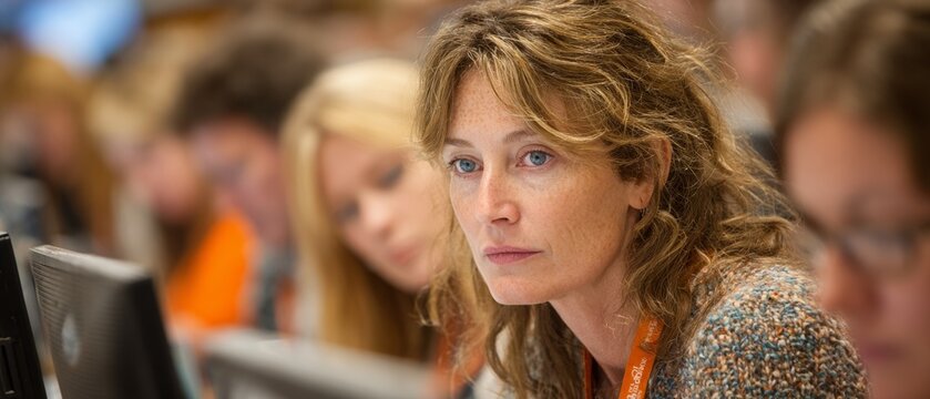A focused woman works intently at a computer terminal while a blurred background suggests a busy, collaborative professional environment.