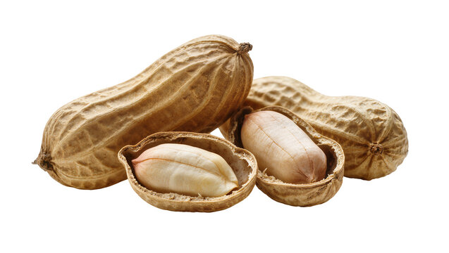 Isolated wholesome whole and opened peanuts showing textured shells and fresh kernels