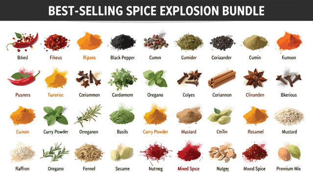 Best-selling spice explosion bundle, culinary herbs and seasonings collection vector, organic food flavoring ingredients set for cooking