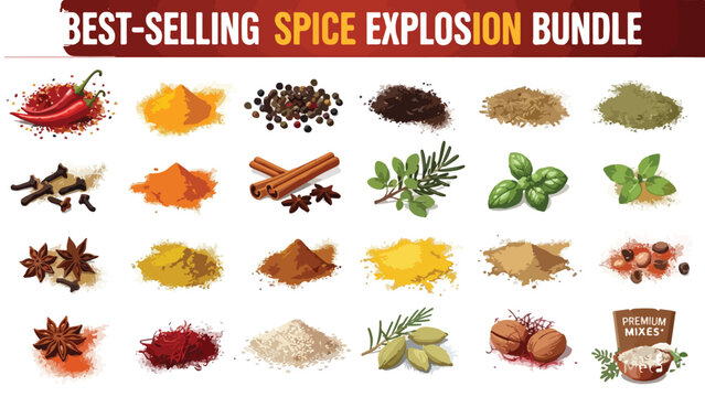 Spice explosion bundle with 24 culinary herb and seasoning icons, realistic vector spice powders and aromatic seeds, organic cooking ingredients set