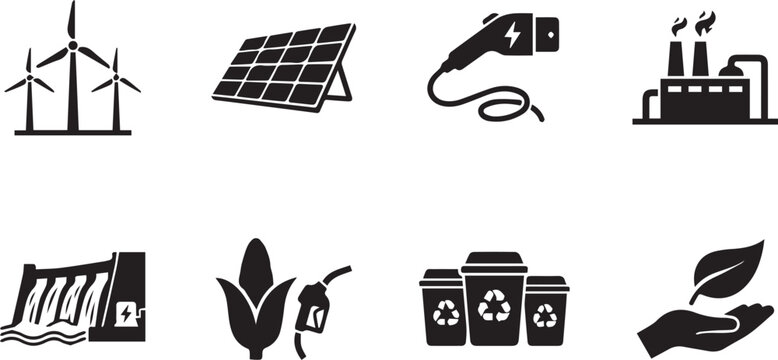 Green energy and ecology silhouette icons vector set featuring solar panels, wind turbines, electric vehicle charging, recycling, and sustainable industry concepts.