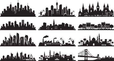 Obraz premium Black and white city skyline and urban landscape silhouette icon set featuring modern skyscrapers, historic towns, industrial ports, and suspension bridges.