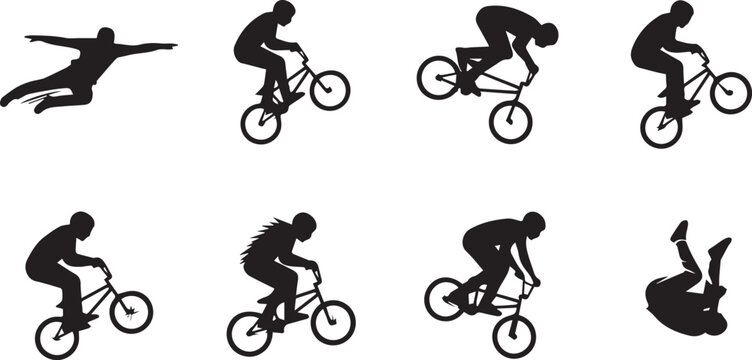 Black and white extreme bmx and parkour athlete silhouette icon set featuring bicycle stunts, wheelies, aerial flips, and jumping tricks.