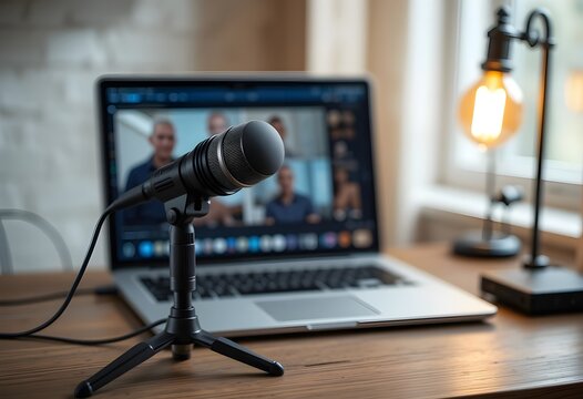professional microphone and lighting setup in front of laptop for video meeting