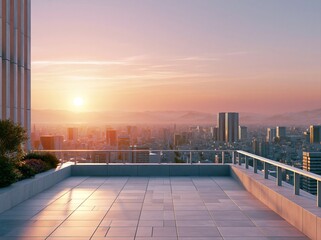 Obraz premium Sunrise over a city skyline with a clear view from a rooftop terrace, showcasing tall buildings and distant mountains