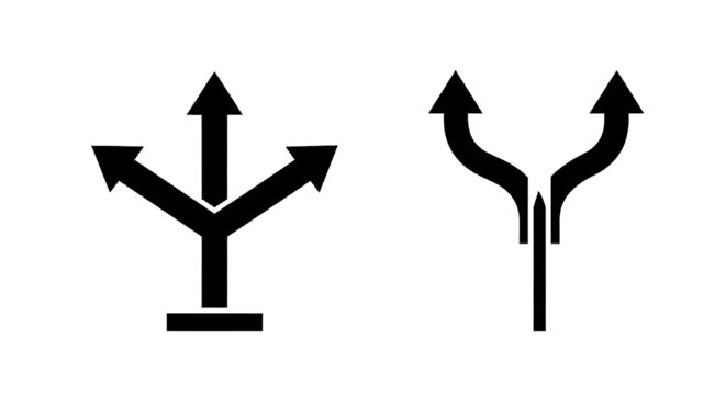Minimal black silhouette icon, simple flat vector, bold black shape, no, no shading set of black arrow icons representing choices and directions on a, flat icon style