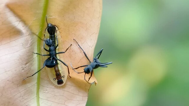 Close up of a mutualistic relationship where Giant Spiny Ants (Polyrhachis armata) are tending and protecting a Cleander Oak-blue butterfly larva (Arhopala cleander) on a leaf host plant.