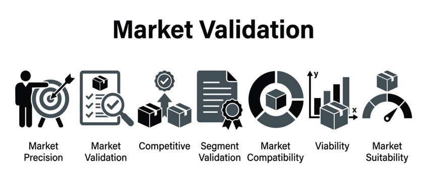Market validation business icon set. Target precision, product checklist, competitive benchmarking, segment certification, chart compatibility and suitability gauge.