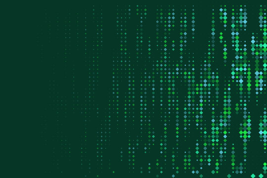 Abstract Digital Matrix Background with Green and Blue Diamond Particles for Technology and Data Visualization