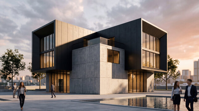 Modern office building featuring a bold architectural design stands prominently in a city plaza as professionals walk by during the calm evening hours.