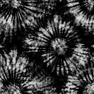 Seamless tie dye pattern. Black and white shibori spiral texture for textile, fabric, streetwear fashion print and background