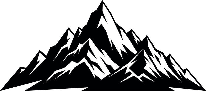 Black and White Mountain Range Silhouette Vector for Outdoor Adventure Logos, Hiking Climbing Camp Badges, Nature Tourism Concepts, and Peak Landscape Graphic DesignsBlack and White Mountain Range Sil