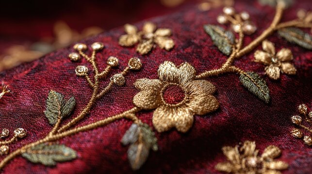 directional. Luxurious floral embroidery on dark fabric, highlighting intricate gold thread details. gardening catalogs, home-decor guides, designed for gardening and botanical catalogs.