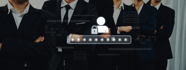 A group of business professionals stands confidently, featuring a digital lock icon and password overlay, symbolizing strength, teamwork, and security in the corporate world. Trope © InfiniteFlow