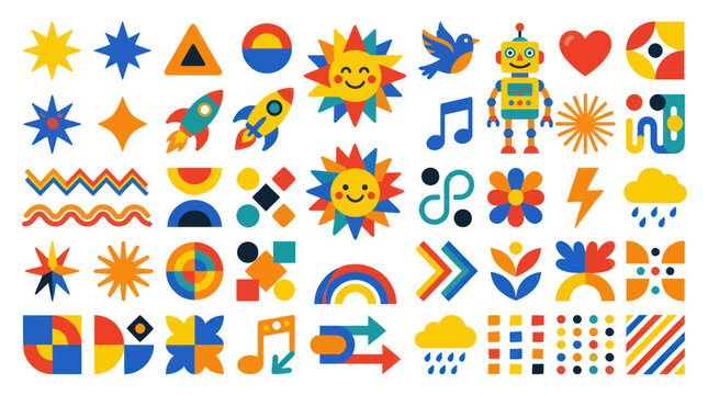 Playful geometric icon collection with robot sun and rocket symbols