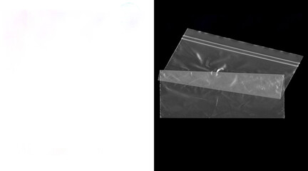 Fototapeta premium Transparent plastic zipper bag on black background, clear polyethylene storage pouch, empty resealable zip lock bag for packaging and organization