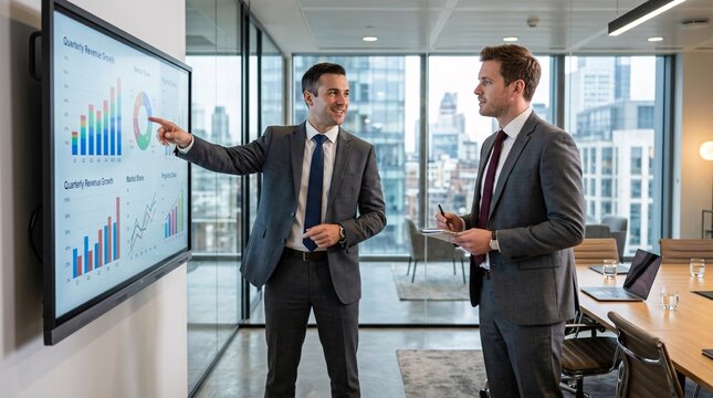 Two professional men in sharp tailored grey suits stand in a meeting room with one pointing at a smart board displaying bar charts.