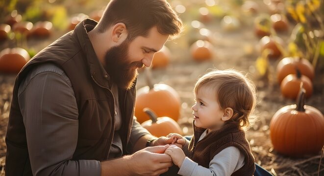 Father and toddler son bonding in a pumpkin patch during autumn