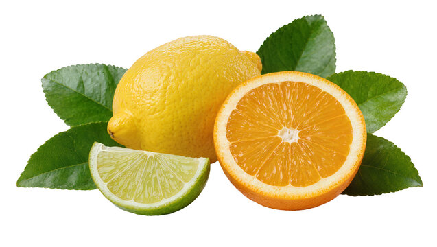 Isolated fresh lemon, lime slice, and orange half with vibrant green leaves composition