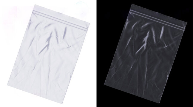 Transparent plastic zipper bag mockup, clear polyethylene seal pouch on white and black background, empty wrinkled poly bag for product packaging