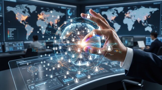 Businessman hand interacting with global network connection hologram over earth globe, international communication concept, social media networking, big data analytics