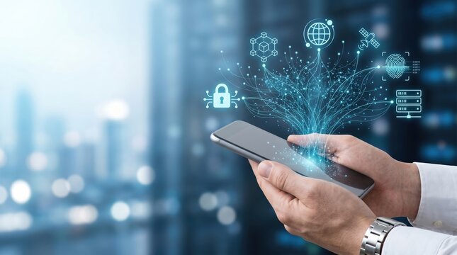 Mobile security and digital data protection icons emerging from smartphone screen, cyber safety concept, cloud computing, fingerprint scan, server storage