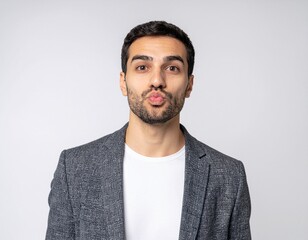 Obraz premium Close up portrait of a funny young male office worker puffing his cheeks isolated on white background for humorous business stress concepts.