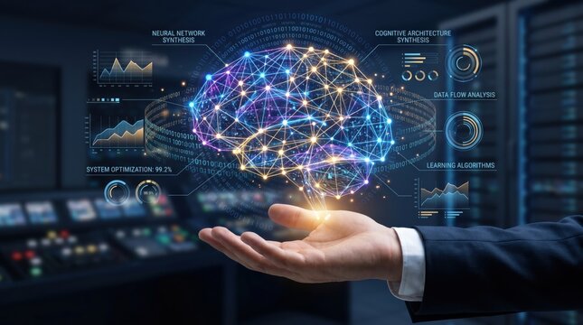 Artificial Intelligence Neural Network Synthesis, Cognitive Architecture Visualization, Machine Learning Algorithm Concept, Data Flow Analysis System, Deep Learning Brain Model