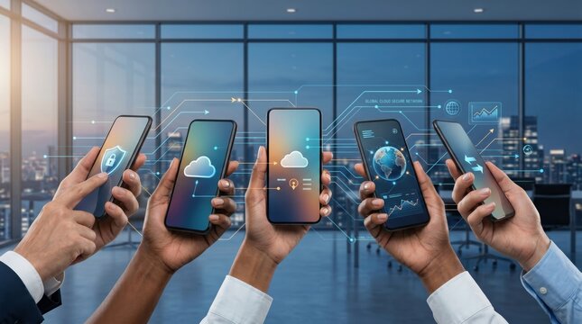 Team of hands holding smartphones connected to cloud network, global communication, data sharing, mobile app interface, business teamwork, digital transformation