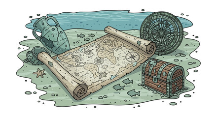 Treasure chest with old map. © Ndak