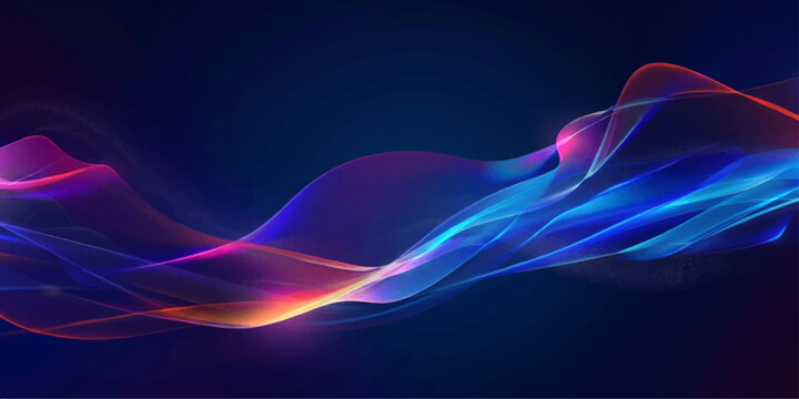 Abstract glowing waves of blue, pink, and orange light undulate gracefully against a dark blue background, creating a sense of dynamic motion and ethereal beauty.