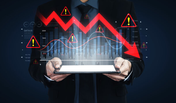 Economic caution visualized with fluctuating market graph, alert symbols, and negative data trends. Represents financial risk, market volatility, and economic uncertainty. Spline