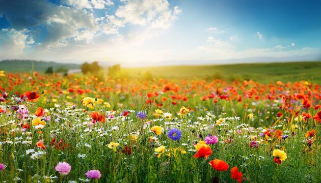 Blumenwiese Hintergrund Panorama Sommerblumen