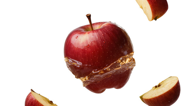 Isolated vibrant red apple cut in two with splashing golden liquid and fresh fruit slices